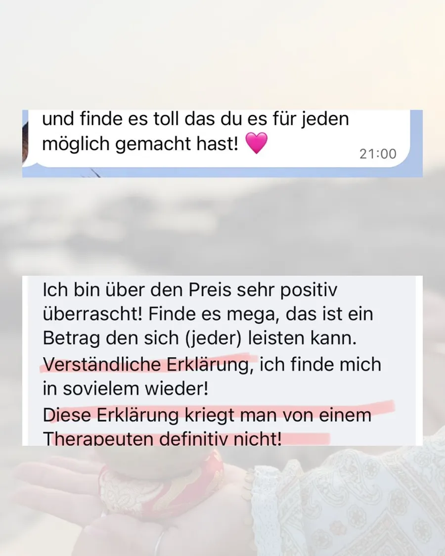 Nachricht einer Teilnehmerin: Sie ist über den Preis sehr positiv überrascht, findet es einen Betrag, den sich jeder leisten kann, und erkennt sich in den verständlichen Erklärungen in so vielem wieder.