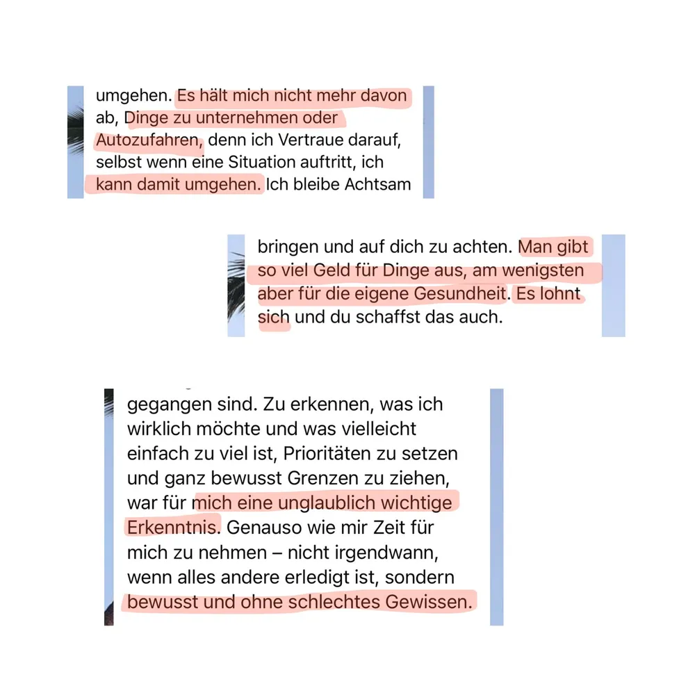 WhatsApp-Nachricht einer Teilnehmerin: Die Angst hält sie nicht mehr davon ab, etwas zu unternehmen oder Auto zu fahren. Sie setzt Prioritäten, zieht bewusst Grenzen und nimmt sich Zeit für sich, ohne schlechtes Gewissen.