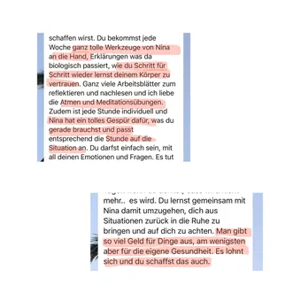 WhatsApp-Nachricht einer Teilnehmerin über den Ablauf: Jede Woche Werkzeuge von Nina, Erklärungen, was biologisch passiert, viele Arbeitsblätter sowie Atem- und Meditationsübungen – und jede Stunde individuell auf die Situation abgestimmt.
