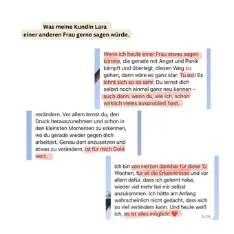 WhatsApp-Nachricht der Teilnehmerin Lara an andere Frauen mit Angst und Panik: Tu es, es lohnt sich – auch dann, wenn du schon vieles ausprobiert hast. Sie ist von Herzen dankbar für die 12 Wochen und weiß heute, dass alles möglich ist.