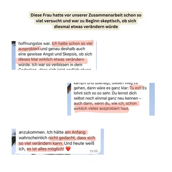 WhatsApp-Nachricht einer Teilnehmerin, die vor der Zusammenarbeit schon vieles versucht hatte und skeptisch war: Heute rät sie anderen Frauen, diesen Weg zu gehen, und weiß, dass alles möglich ist.
