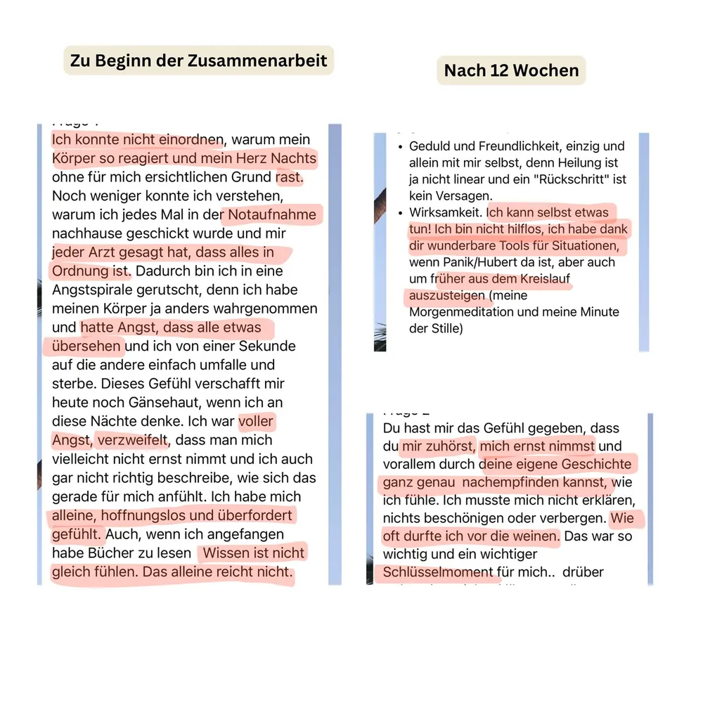WhatsApp-Nachricht einer Teilnehmerin im Vergleich. Zu Beginn: Sie konnte nicht einordnen, warum ihr Herz nachts raste, wurde aus der Notaufnahme nach Hause geschickt und fühlte sich allein und hoffnungslos. Nach 12 Wochen: Sie weiß, dass sie selbst etwas tun kann, hat Werkzeuge für Panik und steigt früher aus dem Kreislauf aus.