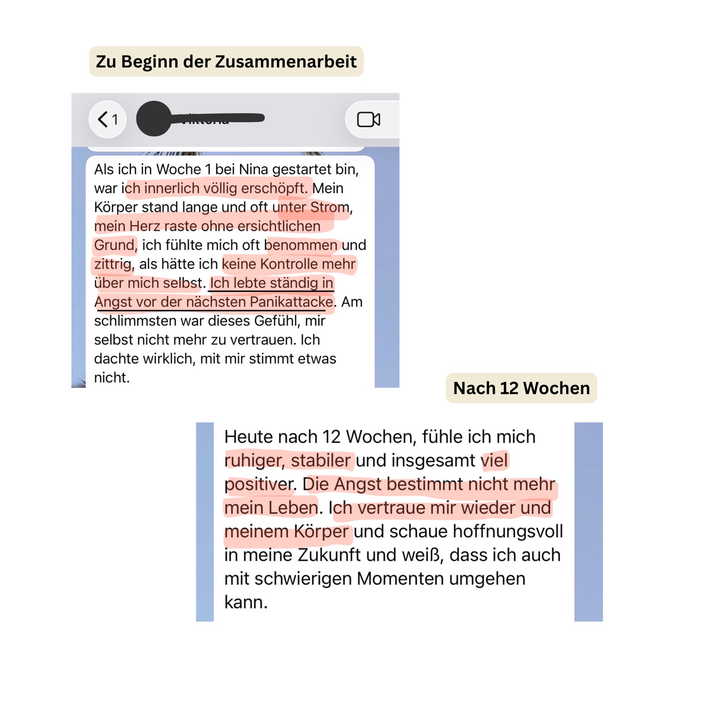 WhatsApp-Nachricht einer Teilnehmerin: wie es zu Beginn der Zusammenarbeit war und wie nach 12 Wochen